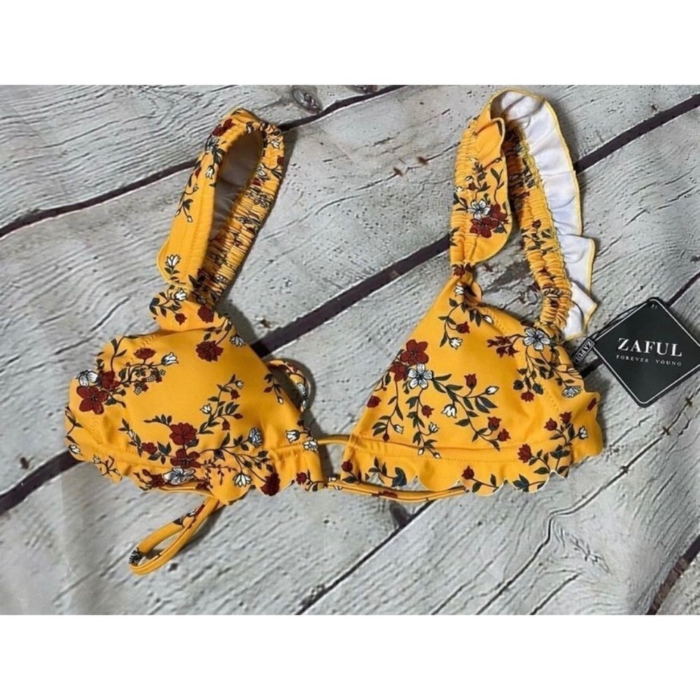 Zaful‎ Bikini Top Floral Triangle Womens S Yellow Ruffle Scallop Cottagecore